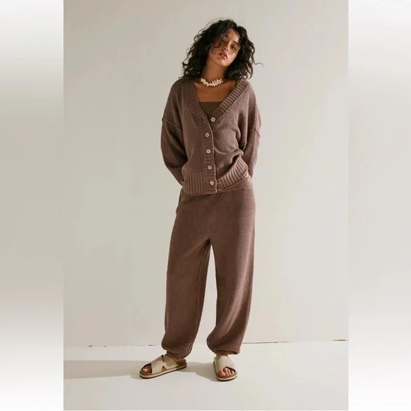 Free People Hailee Cardigan Lounge Set Size XL Brown Waffle Knit 2 Piece NWOT - Picture 3 of 6